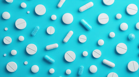 An array of various white and blue pills and tablets spread across a vibrant turquoise background, creating a visually striking pattern.の素材