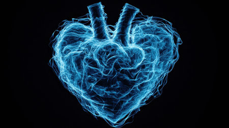 A glowing, blue heart shape radiates energy against a dark background, symbolizing love, life, and vitality.の素材
