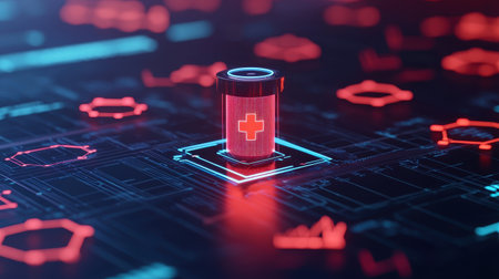 A glowing red cylinder on a digital circuit board, surrounded by geometric shapes, symbolizes technology and cybersecurity themes.の素材