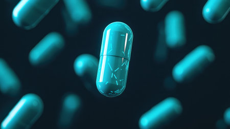 A floating turquoise capsule with a sleek design, surrounded by a dark background, creating a futuristic and clinical atmosphere.の素材