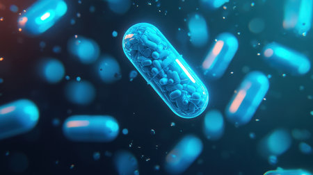 A vibrant, close-up image of blue bacteria, showcasing their distinct shapes and textures against a dark background.の素材