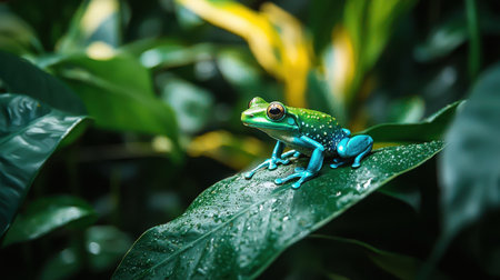 A vibrant blue and green frog rests on a dewy leaf amidst lush tropical foliage.の素材