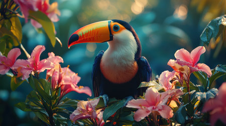 A vibrant toucan perches among colorful pink flowers in a lush, tropical setting, showcasing the beauty of nature.の素材
