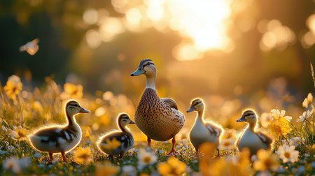 A mother duck and her ducklings stand among vibrant flowers, illuminated by the warm glow of the setting sun.の素材