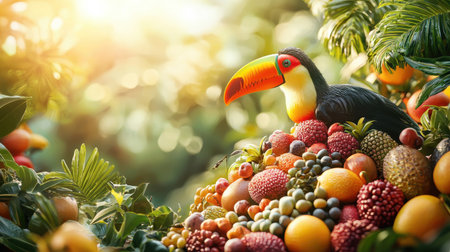 A vibrant toucan perched on a colorful pile of tropical fruits, surrounded by lush greenery and soft sunlight filtering through the leaves.の素材