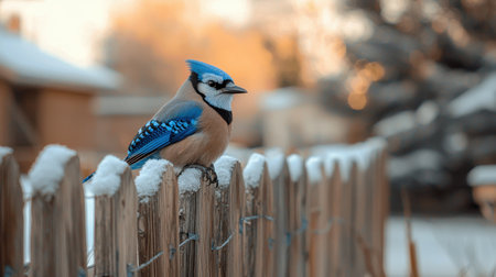 A blue jay perched on a snow-covered wooden fence in a serene winter setting, basking in soft, warm sunlight.の素材