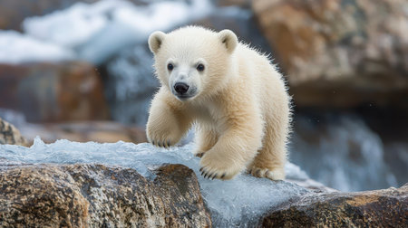 A playful polar bear cub walks on rocky terrain, showcasing its fluffy white fur against a backdrop of ice and water.の素材