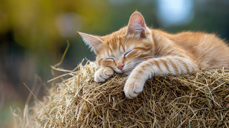 A peaceful orange cat sleeps soundly on a haystack in a serene outdoor setting, surrounded by nature.の素材