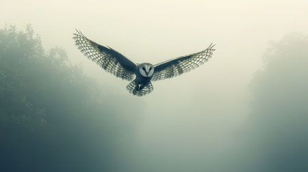 A majestic owl glides through a misty forest, wings outstretched, embodying the beauty and mystery of nature.の素材