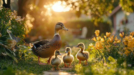 A mother duck and her ducklings stroll through a sunlit garden, surrounded by blooming flowers and lush greenery.の素材