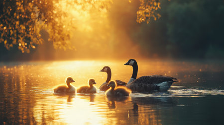 A serene scene of a family of geese swimming in a golden-lit pond during sunset, surrounded by soft reflections and nature's tranquil beauty.の素材