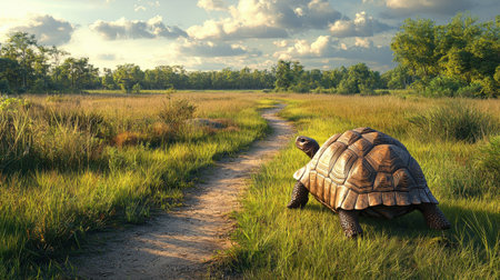 A tortoise traverses a serene pathway through a lush, green landscape under a cloudy sky, embodying a peaceful connection with nature.の素材