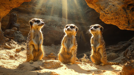 Three meerkats stand alert in a sunlit cave, showcasing their characteristic stance and curious expressions in a desert-like environment.の素材