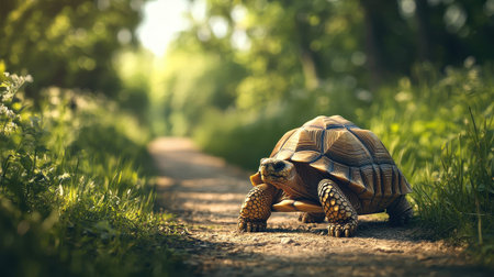 A turtle walks along a sunlit path surrounded by greenery, showcasing a peaceful moment in nature.の素材