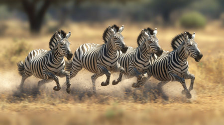 A dynamic scene of four zebras running together across a dry, grassy landscape, showcasing their distinctive black-and-white stripes in motion.の素材