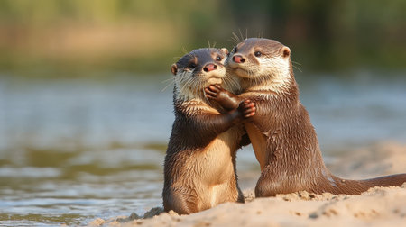 Two playful otters embrace by the water's edge, showcasing their affection in a vibrant natural setting.の素材