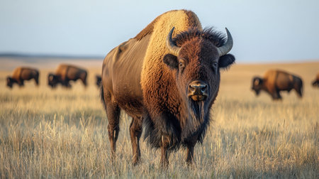 A majestic buffalo stands in a grassy field, surrounded by its herd, under a clear sky, showcasing the beauty of wildlife.の素材