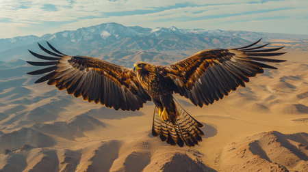 A majestic eagle soars gracefully over desert landscapes and distant mountains, embodying freedom and the beauty of nature.の素材