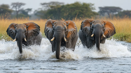 Three elephants wade through water, creating splashes against a backdrop of lush greenery and open skies, showcasing their majestic beauty in the wild.の素材