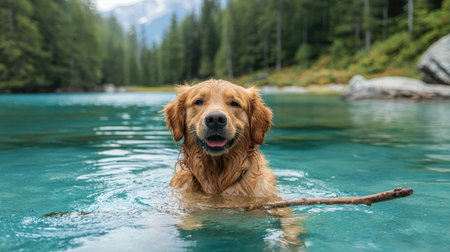 A happy golden retriever swims in a clear, blue lake, holding a stick, surrounded by lush greenery and mountains in the background.の素材