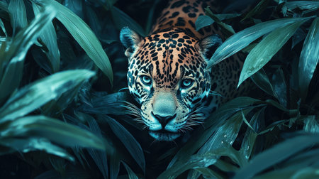 A striking jaguar peers through dense, green foliage, showcasing its distinctive spotted coat and intense gaze.の素材