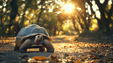 A turtle walks along a sunlit path surrounded by trees, showcasing nature's beauty and tranquility.の素材