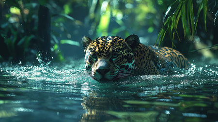 A majestic jaguar swims through a lush jungle, creating ripples in the water amidst vibrant greenery.の素材