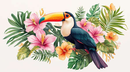 A vibrant toucan surrounded by colorful tropical flowers and lush green foliage, creating a lively, exotic scene.の素材