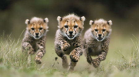 Three playful cheetah cubs sprinting across a grassy field, showcasing their lively spirit and youthful energy.の素材