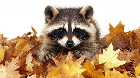 A cute raccoon peeks out from a bed of colorful autumn leaves, showcasing its distinctive facial markings and playful nature.の素材