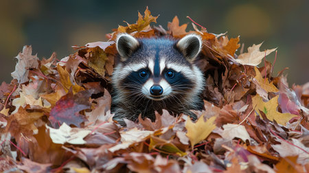 A raccoon peeks out from a colorful pile of autumn leaves, blending playfully into its natural surroundings.の素材