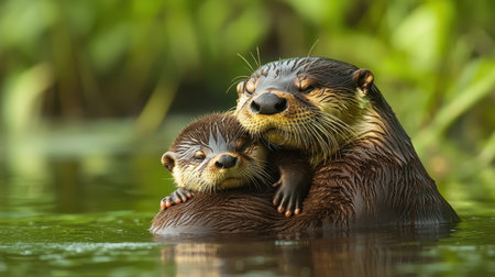 A mother otter cuddles with her pup in a serene water setting, showcasing their bond and the beauty of nature.の素材