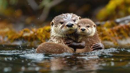 A heartwarming scene of a mother otter embracing her playful pup in a serene water setting, showcasing their bond and natural habitat.の素材