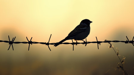 A solitary bird perches on a barbed wire fence against a warm, hazy sunset background, capturing a serene moment in nature.の素材