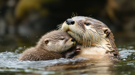 A playful otter and its pup share a tender moment in the water, showcasing their bond in a serene natural setting.の素材