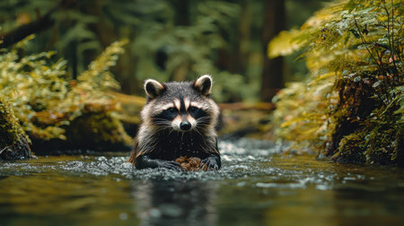 A raccoon wades through a tranquil stream, surrounded by lush greenery, embodying the essence of nature and wildlife.の素材