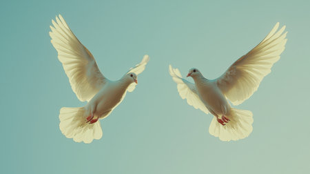 Two white doves gracefully fly against a serene blue sky, symbolizing peace and freedom.の素材