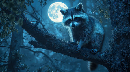 A raccoon perches on a tree branch under a bright full moon, surrounded by a mystical, moonlit forest atmosphere.の素材