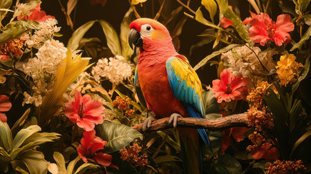 A vibrant parrot perched among colorful flowers, showcasing its bright plumage against a lush, tropical backdrop.の素材