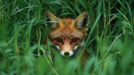 A red fox peers through lush green grass, showcasing its keen eyes and bushy tail in a natural habitat.の素材