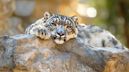 A snow leopard lounges on a rocky surface, showcasing its striking features and majestic presence in a serene environment.の素材