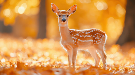 A fawn stands gracefully amidst a sea of vibrant orange leaves, showcasing the beauty of nature in autumn.の素材