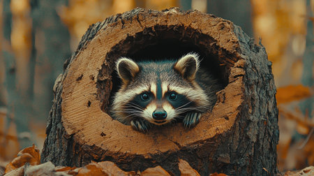 A raccoon peeks out from a hollow log, surrounded by autumn leaves in a serene forest setting.の素材