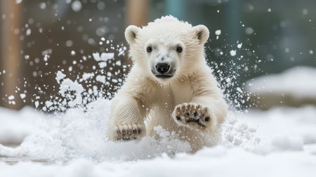 A playful polar bear cub splashes through the snowy landscape, showcasing its playful nature and the beauty of its cold habitat.の素材