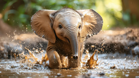 A playful baby elephant splashes joyfully in a muddy pool, surrounded by greenery, capturing a moment of nature's beauty and innocence.の素材