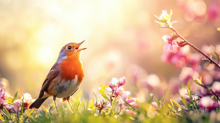 A vibrant bird sings amidst blooming flowers, illuminated by soft sunlight, creating a serene and colorful spring scene.の素材