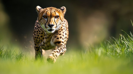 A cheetah swiftly runs through green grass, showcasing its agility and speed in a natural habitat.の素材