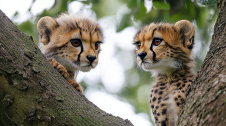 Two young cheetahs perched on a tree branch, gazing at each other with curiosity in a natural, green setting.の素材