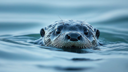 A close-up of a curious otter emerging from water, showcasing its whiskered face and glistening fur.の素材