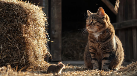 A cat watches a small mouse near a haystack, highlighting the classic predator-prey relationship in a rustic setting.の素材